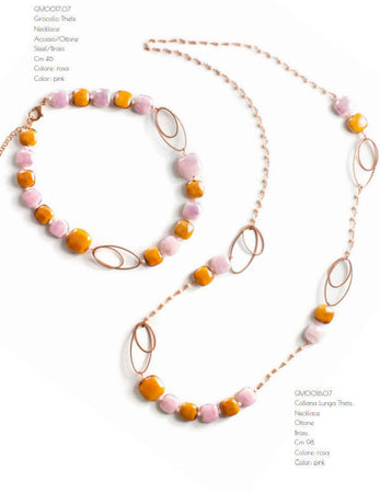 Collana Donna Girocollo in Vetro Di Murano Rosa Bijou Fashion Artigianale Made in Italy in Acciaio Con Perle Realizzate a Mano 46 Cm