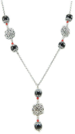 Collana argento con onice nero Su Coccu bottoni traforati e corallini - Gioiello Sardegna