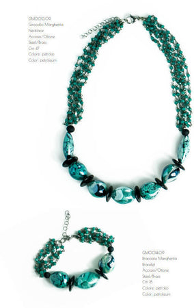 Collana Donna in Vetro Di Murano Verde Bijou Fashion Artigianale Made in Italy Collana Multifili in Ottone E Acciaio Con Perle Fatte a Mano 47 Cm