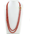 Collana Donna Lunga Doppio Filo Corallo Rosso E Chiusura Fiore In Oro Giallo