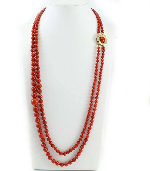 Collana Donna Lunga Doppio Filo Corallo Rosso E Chiusura Fiore In Oro Giallo