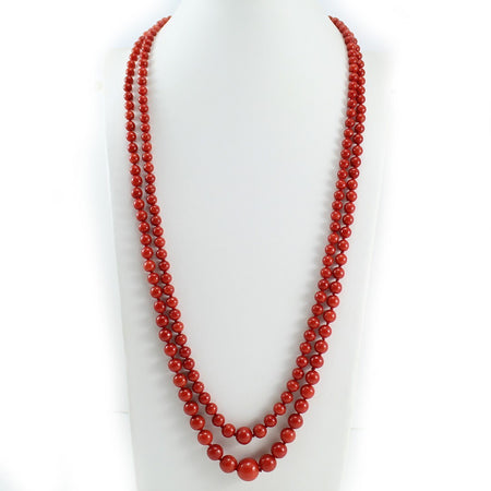 Collana Donna Lunga Doppio Filo Corallo Rosso E Chiusura Fiore In Oro Giallo