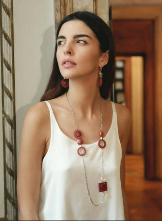 Collana Donna Lunga in Vetro Di Murano Rosso Bijou Fashion Artigianale Made in Italy Collana a Catena Donna Con Perle Realizzate a Mano 92 Cm