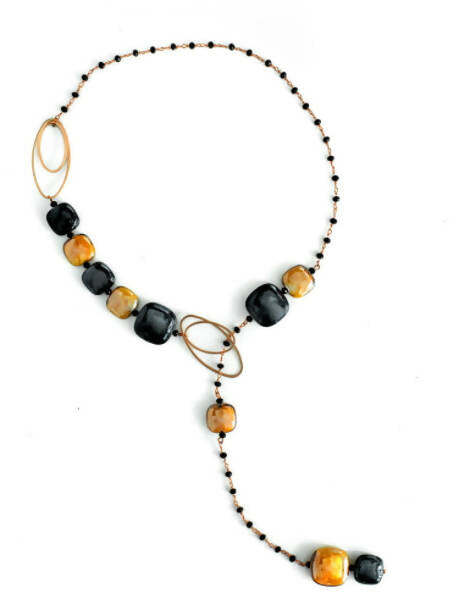 Collana Donna Pendente in Vetro Di Murano Ocra Bijou Fashion Artigianale Made in Italy Collana in Ottone Con Perle Realizzate a Mano 66 Cm
