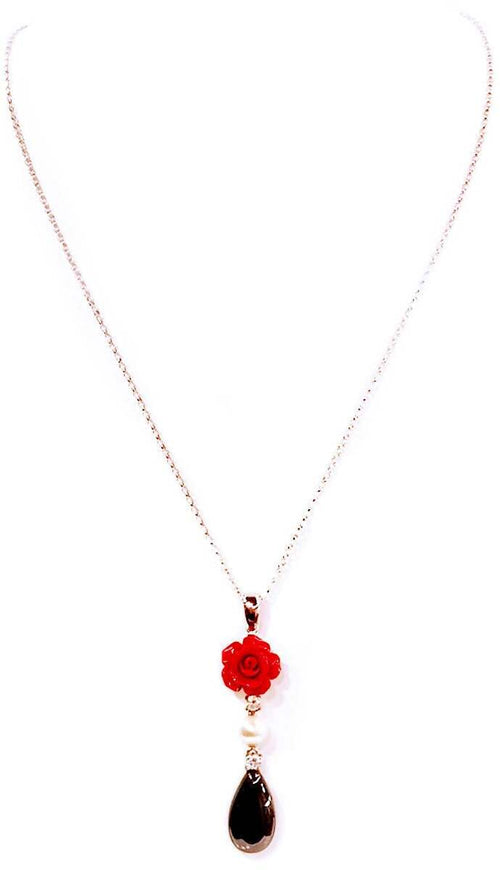 Collana In Argento 925 Nihama con pendente in Corallo Perla bianca e Opale Collanina per Lei Elegante Idea regalo per SIgnora