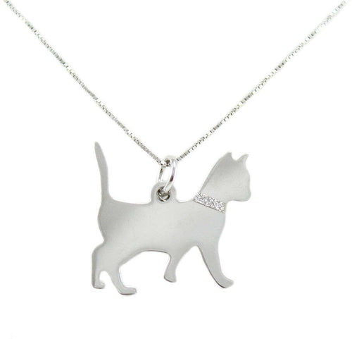 Collanina con pendente gatto coda alzata in argento con collare glitterato