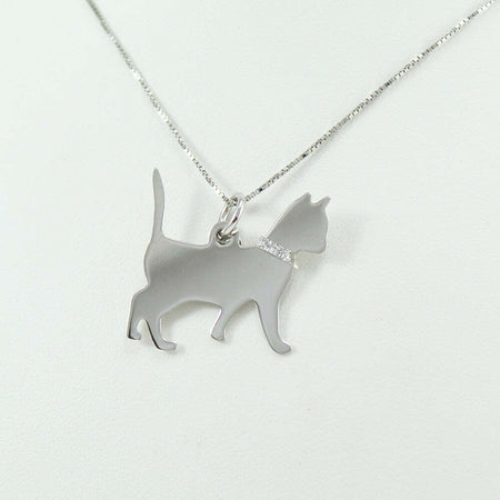 Collanina con pendente gatto coda alzata in argento con collare glitterato