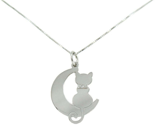Collanina Con Pendente Gatto Sulla Luna In Argento Con Collare Glitterato