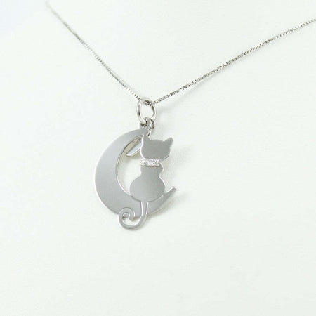 Collanina con pendente gatto sulla luna in argento con collare glitterato