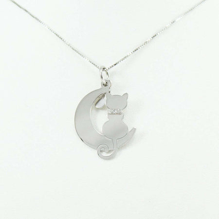 Collanina con pendente gatto sulla luna in argento con collare glitterato
