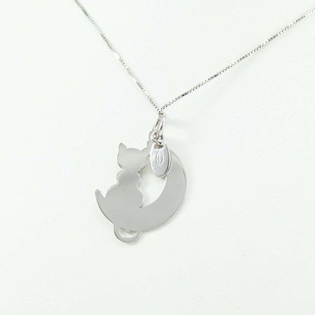 Collanina con pendente gatto sulla luna in argento con collare glitterato