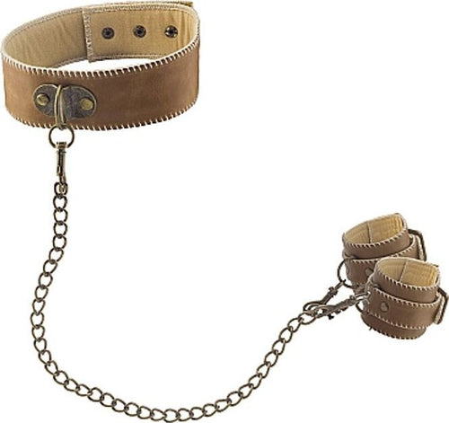 Collare Con Polsiere in Cuoio Rigenerato Collegate Da Catena in Ottone gioco di coppia sottomissione collare con catene Salute e cura della persona/Erotismo e contraccezione/Sex toys/Set Kondorama - Martinsicuro, Commerciovirtuoso.it