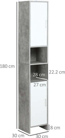Colonna-Bagno-con-2-Armadietti-e-2-Vani-Aperti-in-Legno-Effetto-Cemento,-30x30x180cm-TY7834-379TY7