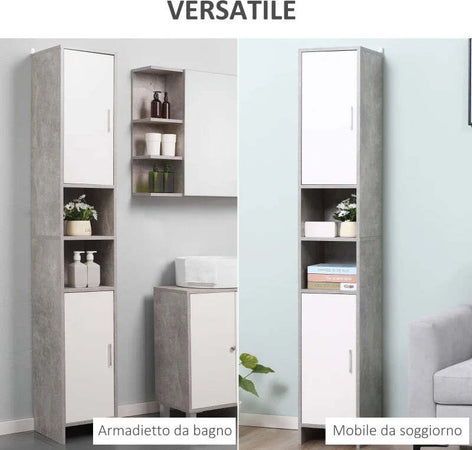 Colonna-Bagno-con-2-Armadietti-e-2-Vani-Aperti-in-Legno-Effetto-Cemento,-30x30x180cm-TY7834-379TY7