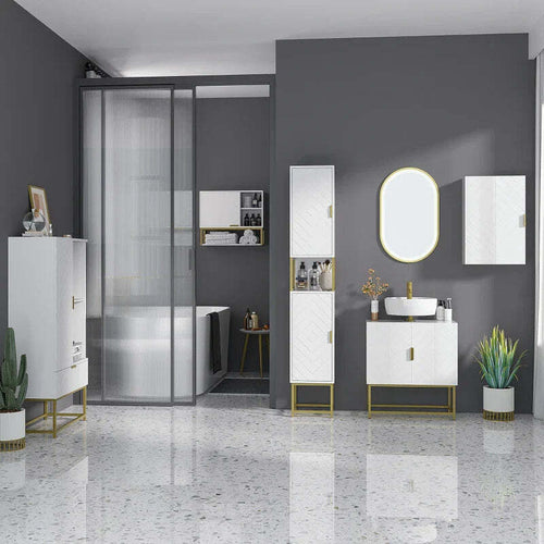 Colonna-Bagno-con-2-Armadietti-e-Ripiano-in-MDF-e-Acciaio,-30x30x170.7cm,-Bianco-e-Oro-ED6834-536V80WTED6