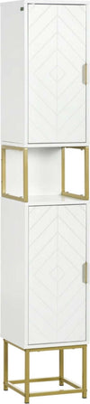 Colonna-Bagno-con-2-Armadietti-e-Ripiano-in-MDF-e-Acciaio,-30x30x170.7cm,-Bianco-e-Oro-ED6834-536V80WTED6