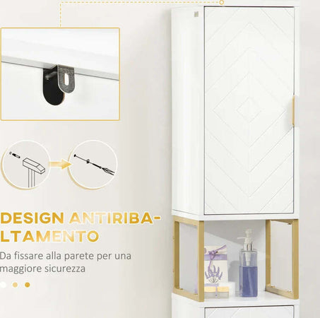 Colonna-Bagno-con-2-Armadietti-e-Ripiano-in-MDF-e-Acciaio,-30x30x170.7cm,-Bianco-e-Oro-ED6834-536V80WTED6