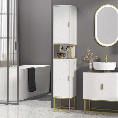 Colonna-Bagno-con-2-Armadietti-e-Ripiano-in-MDF-e-Acciaio,-30x30x170.7cm,-Bianco-e-Oro-ED6834-536V80WTED6