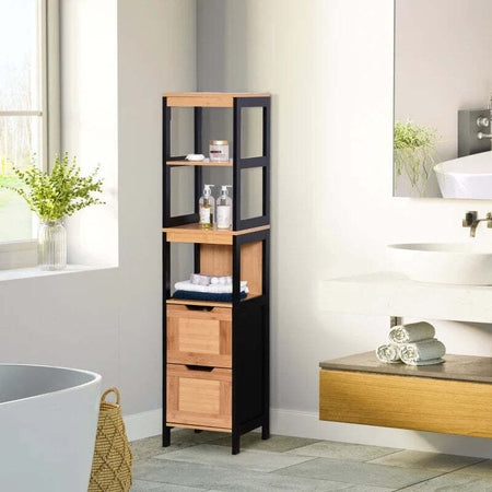 Colonna-Bagno-con-2-Cassetti-e-3-Vani-Aperti-in-Legno-MDF-e-Bambù-30x30x144.3-cm-YH2834-208YH2