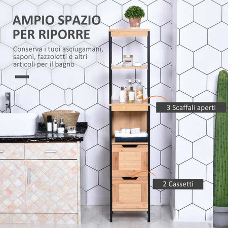 Colonna-Bagno-con-2-Cassetti-e-3-Vani-Aperti-in-Legno-MDF-e-Bambù-30x30x144.3-cm-YH2834-208YH2