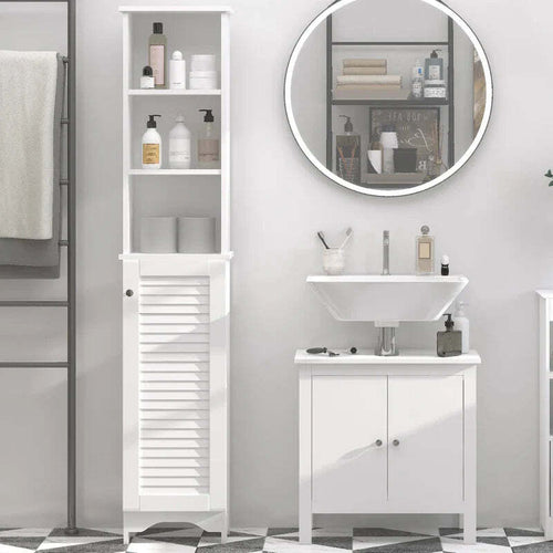 Colonna-Bagno-con-Ripiano-a-3-Livelli-e-Armadietto-Chiuso,-in-MDF-e-Truciolato,-34x20x165-cm,-Bianco-RF5834-242RF5