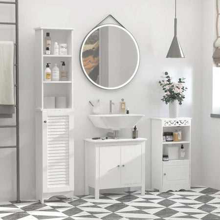 Colonna-Bagno-con-Ripiano-a-3-Livelli-e-Armadietto-Chiuso,-in-MDF-e-Truciolato,-34x20x165-cm,-Bianco-RF5834-242RF5