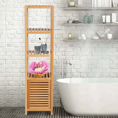 Colonna-Bagno-Mobile-Alto-Bagno/Terrazzo,-Scaffale-a-Torre-in-Bambù-4-Ripiani-+-Armadietto-con-Anta,-36x33x140cm,-Color-Legno-TG8834-150TG8