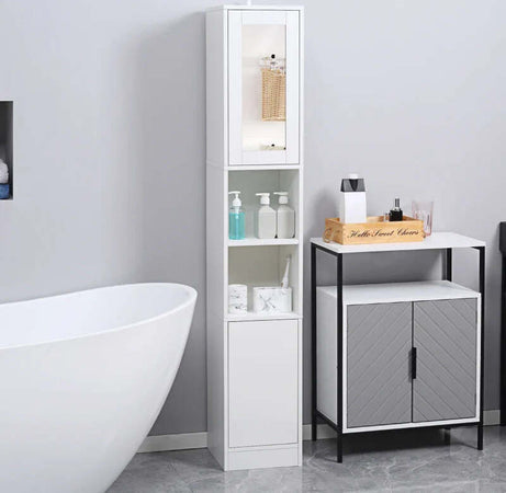 Colonna-Bagno-Salvaspazio-in-Legno-con-Specchio-e-Apertura-a-Pressione,-30x28x170cm,-Bianco-KL7834-461V01KL7