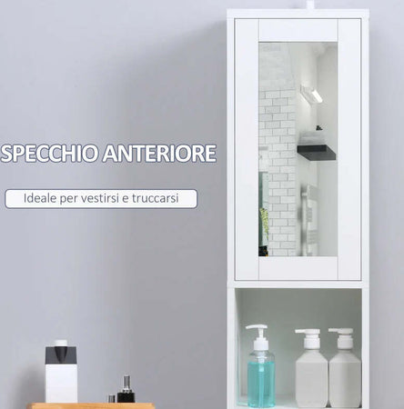 Colonna-Bagno-Salvaspazio-in-Legno-con-Specchio-e-Apertura-a-Pressione,-30x28x170cm,-Bianco-KL7834-461V01KL7