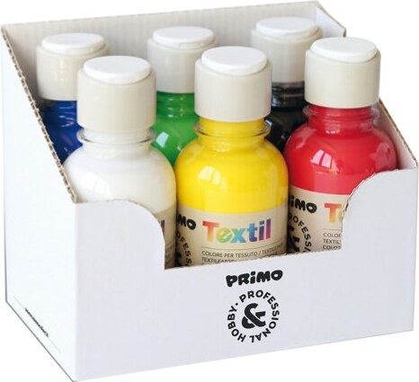 Colori per tessuti - 125 ml - colori assortiti - Primo - box 6 pezzi Giochi e giocattoli/Attività creative/Accessori per disegnare e colorare/Pittura/Colori a tempera Eurocartuccia - Pavullo, Commerciovirtuoso.it