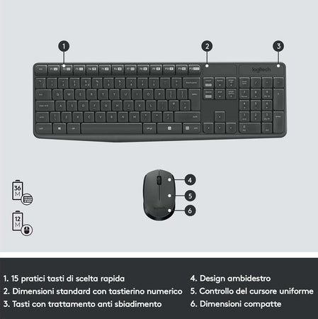 Combo Tastiera e Mouse Wireless Logitech per Windows Ricevitore Unifying USB 2,4 GHz 15 Tasti FN Lunga Durata della Batteria PC Layout Italiano QWERTY