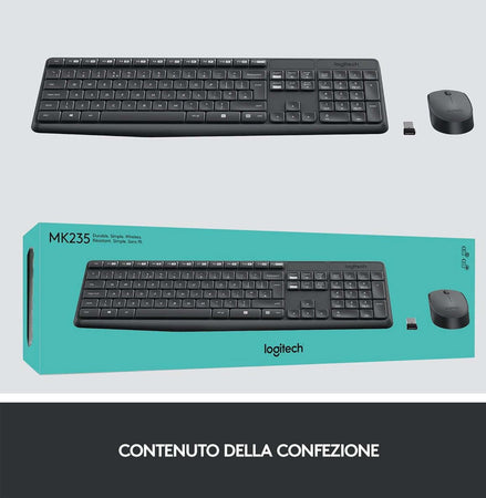 Combo Tastiera e Mouse Wireless Logitech per Windows Ricevitore Unifying USB 2,4 GHz 15 Tasti FN Lunga Durata della Batteria PC Layout Italiano QWERTY