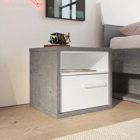 Comodino cemento e bianco laccato con 1 cassetto per cameretta moderna