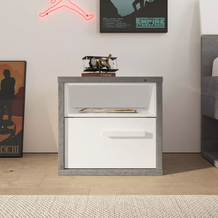 Comodino cemento e bianco laccato con 1 cassetto per cameretta moderna