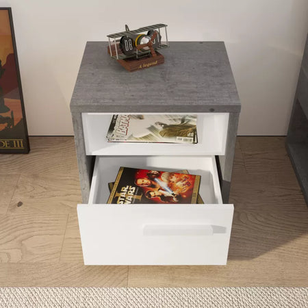Comodino cemento e bianco laccato con 1 cassetto per cameretta moderna