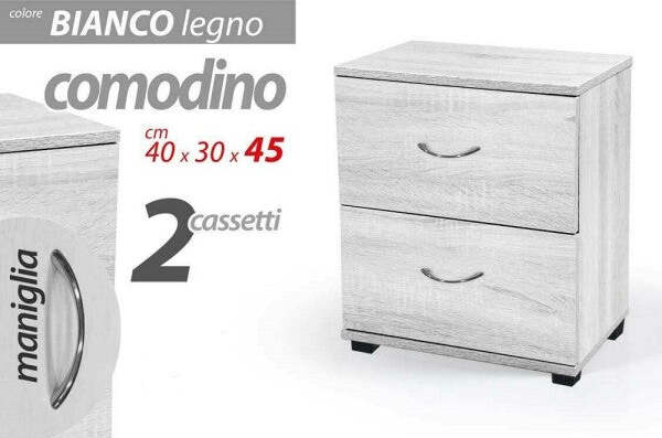 Comodino-Con-2-Cassetti-Letto-Moderno-H45xl40xp30-Legno-Bianco-Rovere-Sbiancato