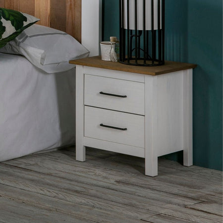 Comodino Miranda 2 cassetti in legno massiccio bianco e top pino