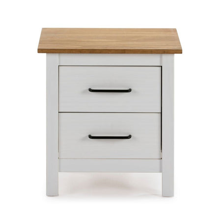 Comodino Miranda 2 cassetti in legno massiccio bianco e top pino