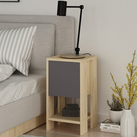 Comodino-Mobiletto-2-Ripiani-Anta-Ribalta-Tavolino-Moderno-Quercia-e-Antracite