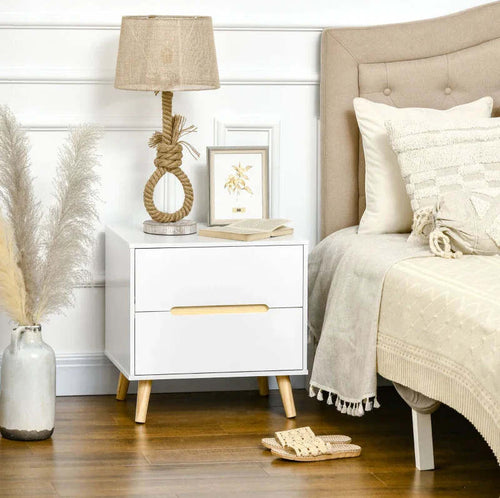 Comodino-Moderno-con-2-Cassetti-in-Truciolato-e-Gambe-in-Legno-di-Pino,-50Lx40Px50.5A-cm,-Bianco-HU2831-592V00WTHU2