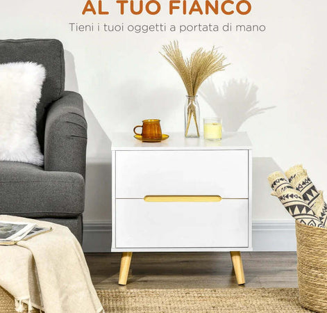 Comodino-Moderno-con-2-Cassetti-in-Truciolato-e-Gambe-in-Legno-di-Pino,-50Lx40Px50.5A-cm,-Bianco-HU2831-592V00WTHU2