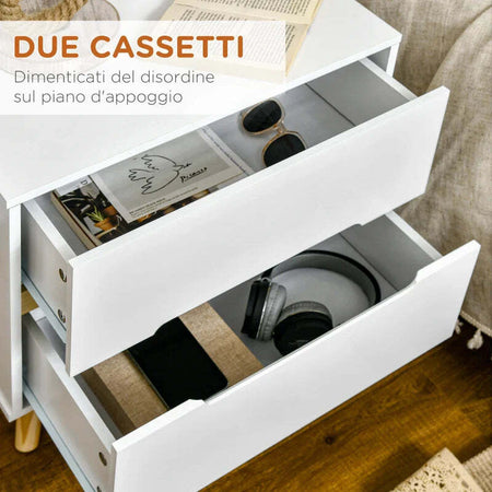 Comodino-Moderno-con-2-Cassetti-in-Truciolato-e-Gambe-in-Legno-di-Pino,-50Lx40Px50.5A-cm,-Bianco-HU2831-592V00WTHU2
