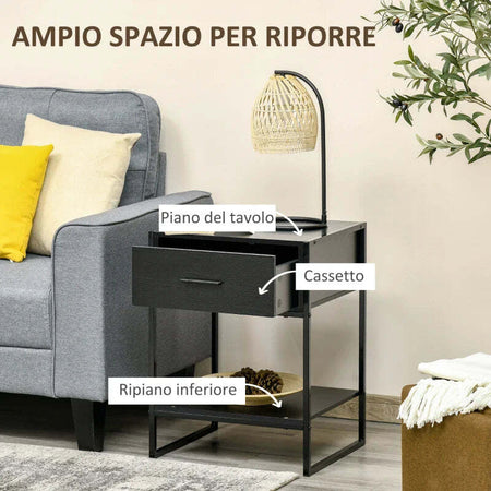 Comodino-Moderno-con-Cassetto-e-Ripiano-Aperto-per-Camera-da-Letto-e-Soggiorno,-in-Truciolato-e-Acciaio,-45x40x60cm,-Nero-TG7831-535V01BKTG7
