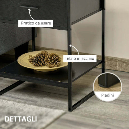 Comodino-Moderno-con-Cassetto-e-Ripiano-Aperto-per-Camera-da-Letto-e-Soggiorno,-in-Truciolato-e-Acciaio,-45x40x60cm,-Nero-TG7831-535V01BKTG7