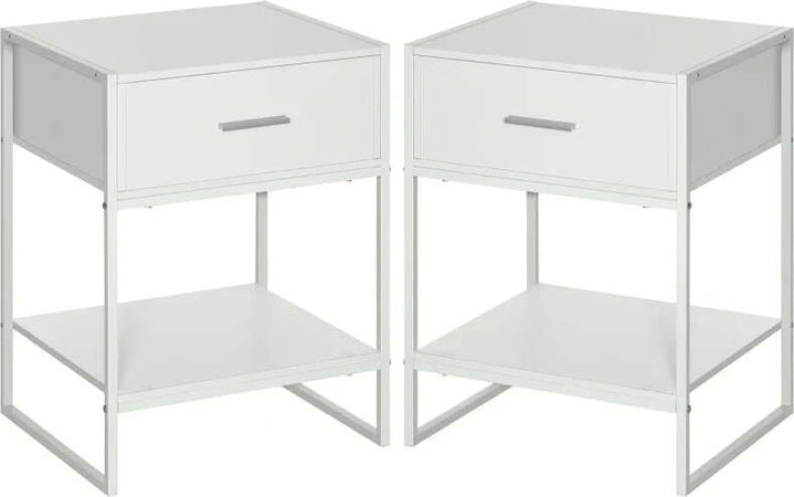 Comodino-Moderno-Set-2-Pezzi-con-Cassetto-e-Ripiano-Aperto-per-Camera-da-Letto-e-Soggiorno,-in-MDF-e-Acciaio,-45x40x60cm,-Bianco-TY8831-534V01WTTY8