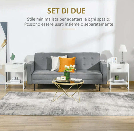 Comodino-Moderno-Set-2-Pezzi-con-Cassetto-e-Ripiano-Aperto-per-Camera-da-Letto-e-Soggiorno,-in-MDF-e-Acciaio,-45x40x60cm,-Bianco-TY8831-534V01WTTY8