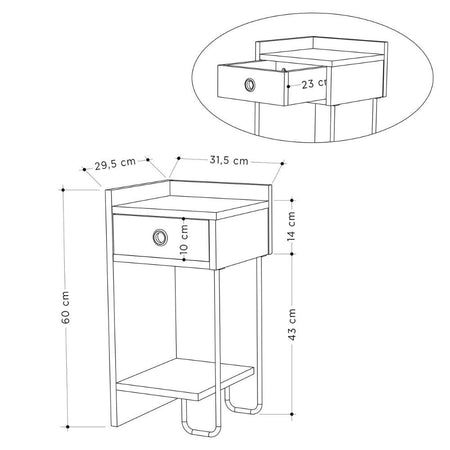 Comodino Sirius bianco con cassetto e gamba in metallo nero sinistro