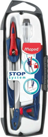 Compasso Stop System - con adattatore e mine ricambio - diametro max cerchio 282mm - Maped Cancelleria e prodotti per ufficio/Scuola e materiale didattico/Materiale scolastico/Compassi Eurocartuccia - Pavullo, Commerciovirtuoso.it