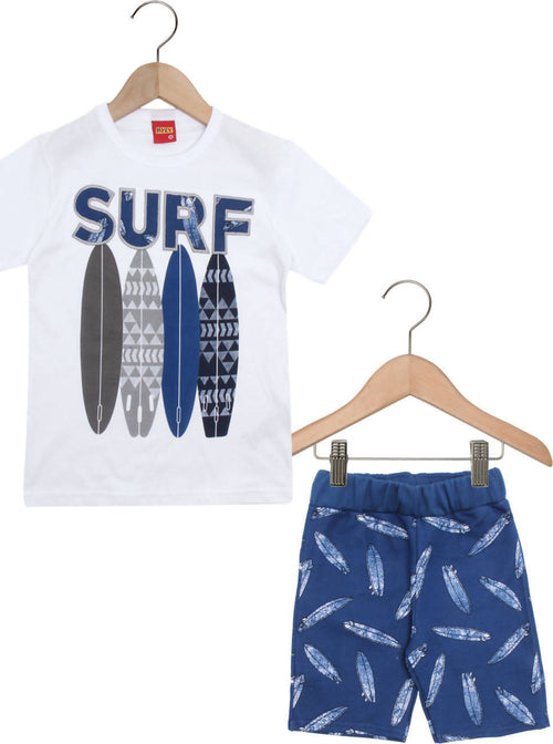 Completino Bimbo Estivo 100% Cotone Completo Coordinato Maglia Pantalone Estate Maglietta T-Shirt Girocollo Pantaloncini Stampa Surf Bianco Blu COMPLETINO Piccole Canaglie - Tropea, Commerciovirtuoso.it
