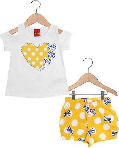 Completino Estivo Bimba Bianco Giallo Pois Completo Tuta Coordinato Fiocchi Estate Canotta T-Shirt e Pantaloni Corti 100% Cotone COMPLETINO Piccole Canaglie - Tropea, Commerciovirtuoso.it